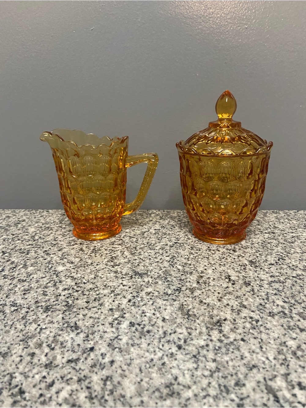 VTG 1960s FENTON Colonial Thumbprint Amber Glass Creamer Covered Sugar Bowl Set
